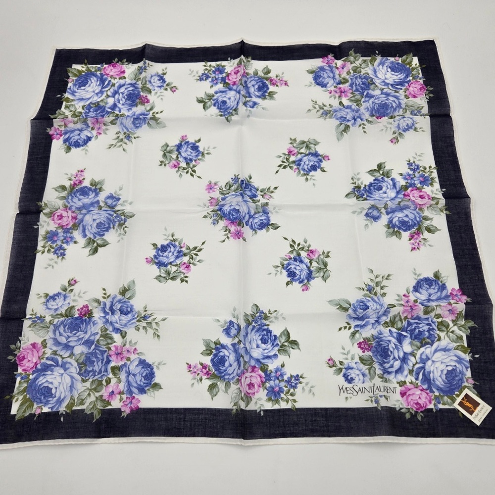 Yves Saint Laurent Blue and Purple Floral Scarf Handkerchief 45cm